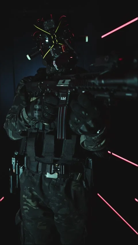 4k Vertical Shot of a Cyber Warrior with Weapon In Studio Stock Footage 318356040