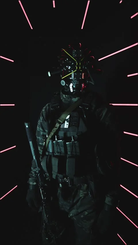 4k Vertical Shot of a Cyber Warrior with Weapon In Studio Stock Footage 318356042