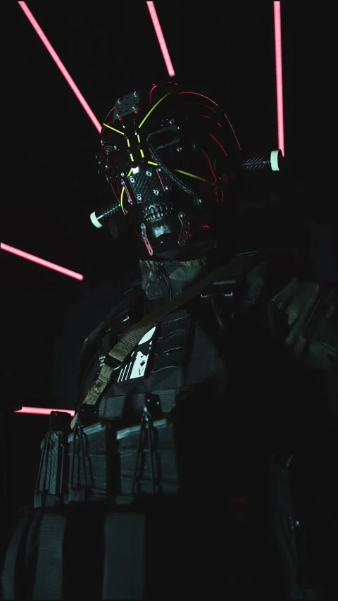 4k Vertical Shot of a Cyber Warrior with Tactical gear In Studio Stock Footage 318356055