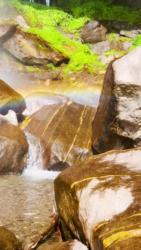 4K Vertical shot of Rainbow at Jogini waterfall in Manali, Himachal Pradesh, Ind Stock Footage 289068609