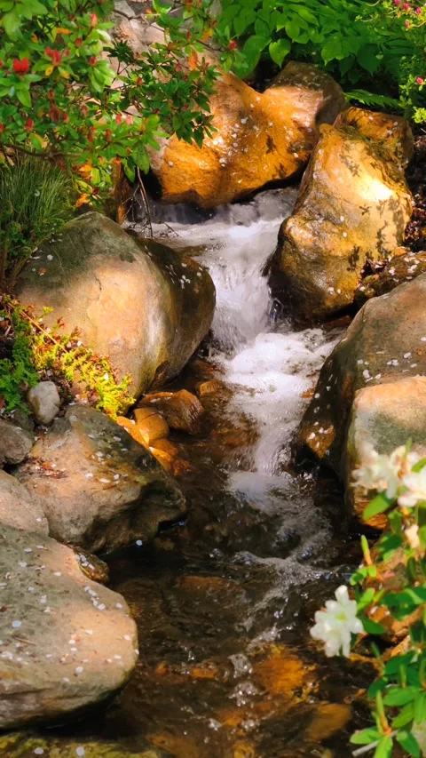 4K vertical slow motion cinematic B-roll footage waterfall cascades sunlit rocky Stock Footage 307431653