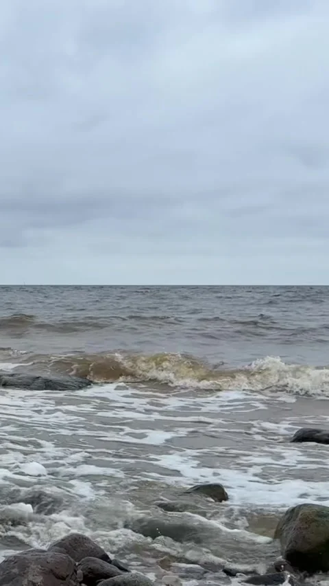 4K Vertical Strong Baltic Sea Wave Crashing on Rocks with Real Sound Stock Footage 321650447