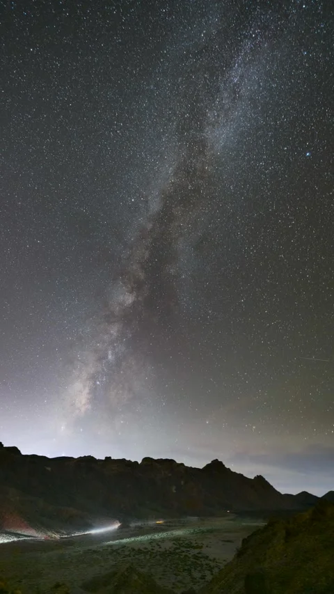4K Vertical Timelapse of Milky Way over Tenerife Caldera, Panoramic Night Sky Stock Footage 319957958