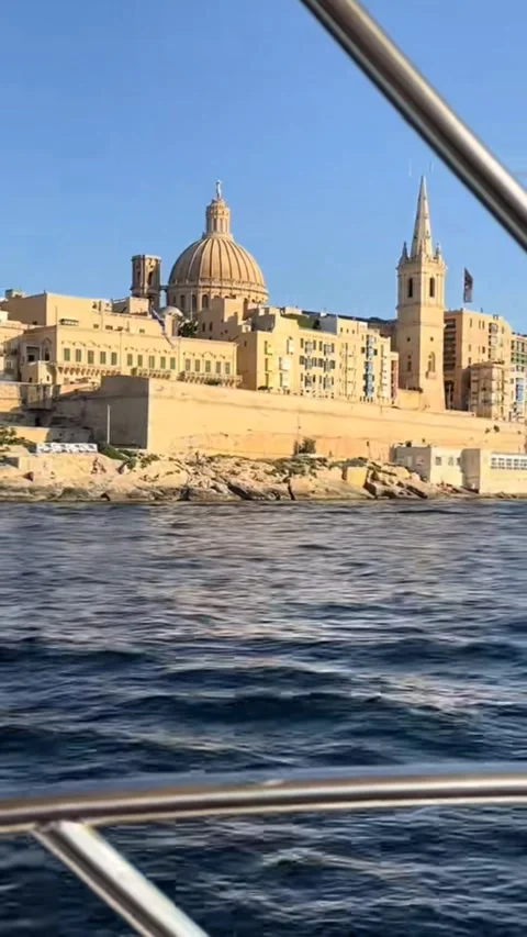 4K Vertical Valletta Malta Skyline View from Boat with Iconic Church 2026 Stock Footage 328609261