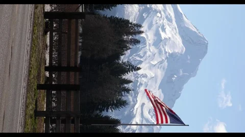 4k vertical video of American US flag waving in the wind and Mount Hood, Oregon Stock-Footage 330666487