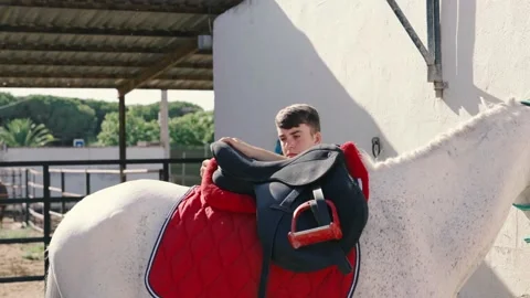 4K video of a 15-year-old young man putting red blanket on a white horse Stock Footage 219143575