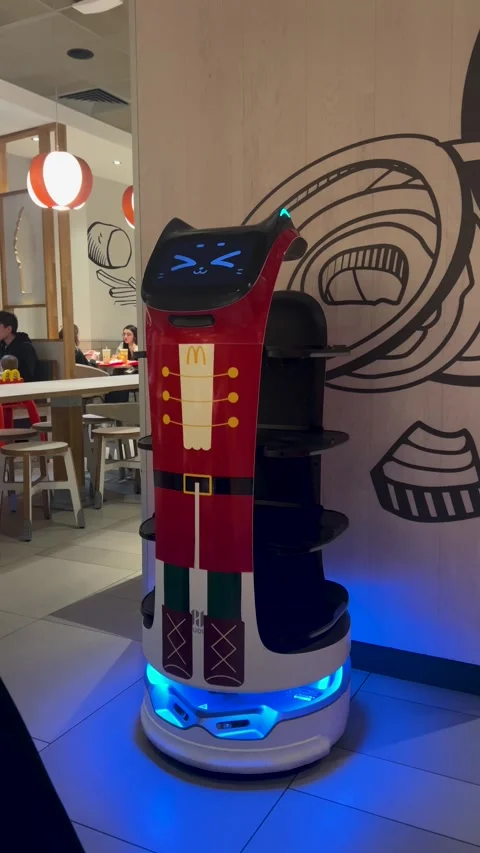 4K video. 60 fps. Robot waiter with cat face on screen and nutcracker suit Stock Footage 339038915