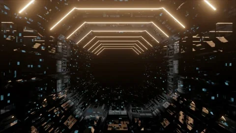 4K video of abstract sci-fi interior view of spaceship, tunnel, or corridor. Stock Footage 239541235