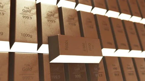 4k video of aligned rows of fine gold bars. Stock Footage 135348349