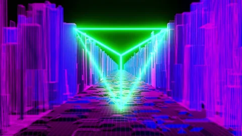4K video animation of sci-fi neon city landscape with neon triangle. Stock Footage 150770932