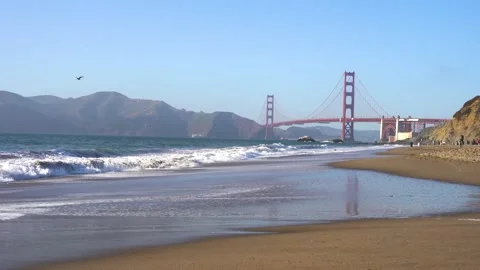 4k video. The beach in front of the Golden Gate Bridge in San Francisco Stock Footage 154347962