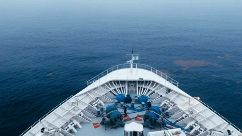 4K video of the bow of a ship moving through foggy water, POV shot. Stock Footage 101696332