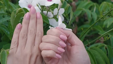 4K video captured in slow motion, female hands with a pink shiny manicure. Video stock 253433378