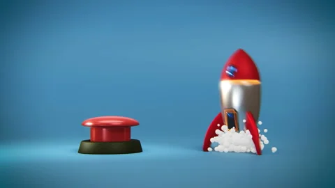 4k video of cartoon red button and rocket. Stock Footage 187055540
