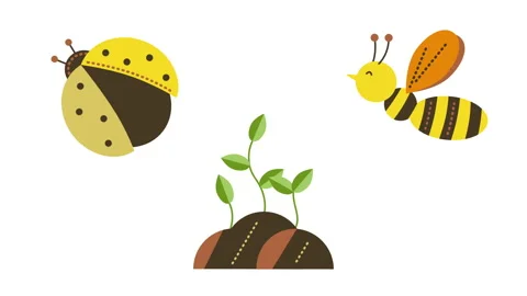 4k video of cartoon spring set of insects creatures and green plant on white Stock Footage 171348838