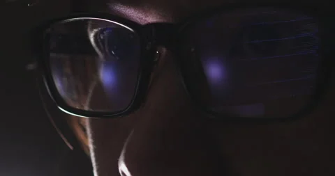 4K Video Close up macro asian eye with eyeglass with coding reflection. Conce 스톡 동영상 170828943