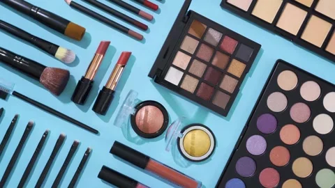4K Video Collection Various Cosmetics Eyeshadow Palettes and Lipsticks Stock Footage 330422284