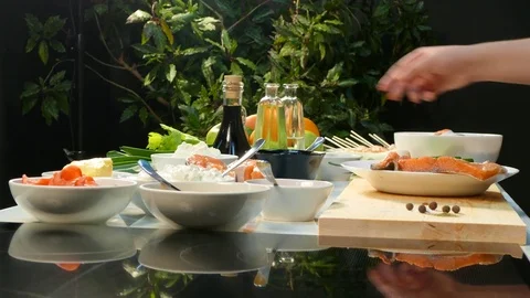 4k video. Cook preparing steak red fish Stock Footage 70778413