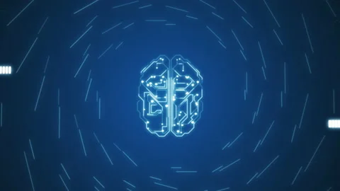 4k video of digital brain blowing in hud tunnel with multiple lights in blue. Stock Footage 135164839