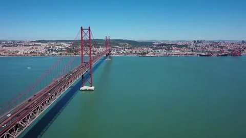 4K video from drone to The 25 de Abril Suspension Bridge in Lisbon Stock Footage 261906126