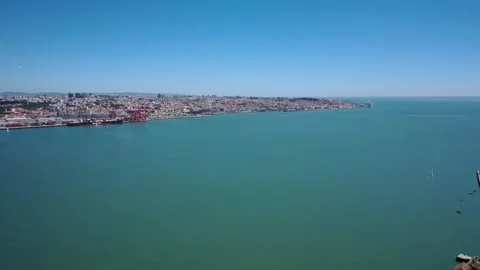 4K video from drone to The 25 de Abril Suspension Bridge in Lisbon Stock Footage 261906190