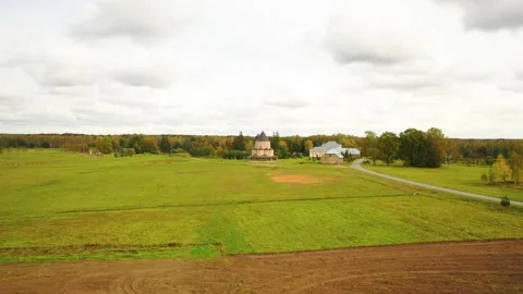 4K video from drone to Brukna Manor and church. Bauska, Latvia. Stock Footage 306551420