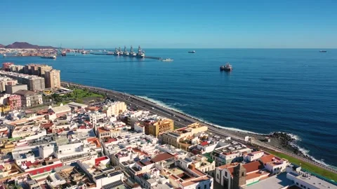 4K video from drone to cityscape of Las Palmas at sunrise.Gran Canaria, Spain Видео 292097413
