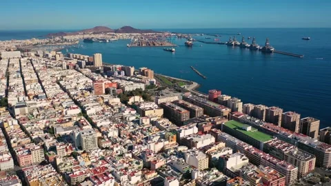 4K video from drone to cityscape of Las Palmas at sunrise.Gran Canaria, Spain Stock Footage 292097434