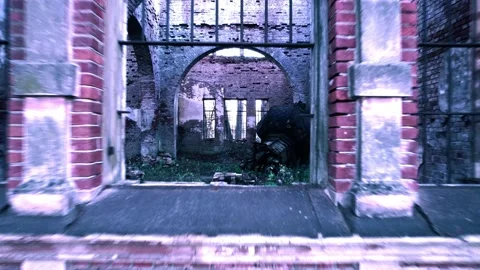 4k video drone flies through the window of the church and past the ruins dome Stock-Footage 228746601