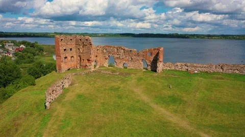 4K video from drone to of the Ludza Medieval Castle. Ludza, Latgale, Latvia Stock Footage 324804928