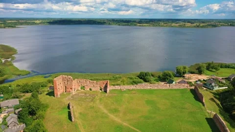 4K video from drone to of the Ludza Medieval Castle. Ludza, Latgale, Latvia Stock Footage 324804939