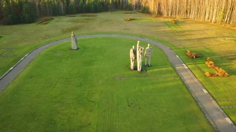4K video from drone to Monuments at Salaspils Memorial Ensemble. Latvia Stock Footage 296776067
