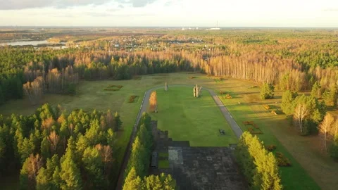 4K video from drone to Monuments at Salaspils Memorial Ensemble. Latvia Stock Footage 296776072