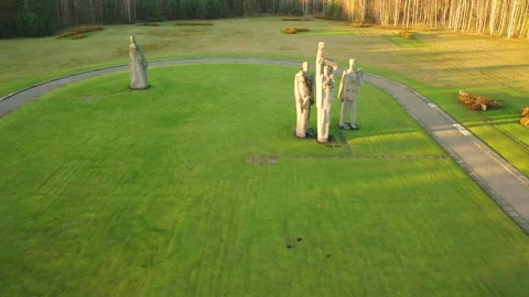 4K video from drone to Monuments at Salaspils Memorial Ensemble. Latvia Stock Footage 296776080