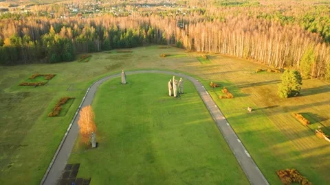 4K video from drone to Monuments at Salaspils Memorial Ensemble. Latvia Stock Footage 296776085
