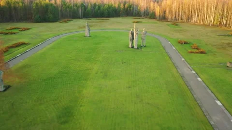 4K video from drone to Monuments at Salaspils Memorial Ensemble. Latvia Stock Footage 296776131