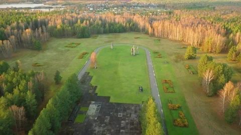 4K video from drone to Monuments at Salaspils Memorial Ensemble. Latvia Vídeos de archivo 296776140