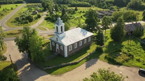 4K video from drone to Svente Most Holy Trinity Roman Catholic Church.Latvia Stock Footage 244645935