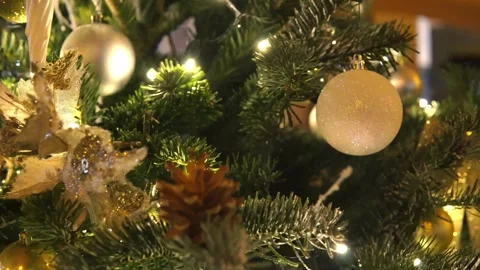 4K Video Elegant Christmas Tree Decorated Exclusively Gold Ornaments Stock Footage 330423405