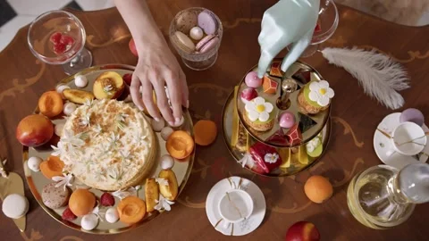 4K Video Elegant Dessert Spread Cake Macarons and Fresh Fruit on White Stock Footage 330423309