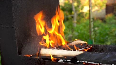 4k video. Fire in the grill. Preparation of coals for barbecue in nature Stock Footage 158602715