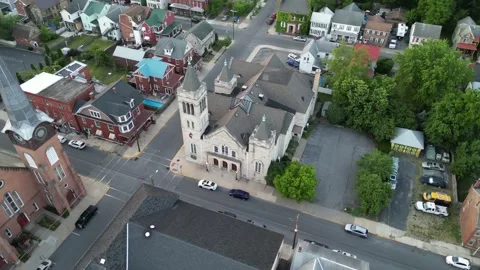 4K video of a flight over historic Huntingdon, Pennsylvania on a summer evening. Stock Footage 242636109