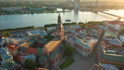 4K video from flying drone to Rigas Dome Lutheran church.Riga,Latvia Stock Footage 316634732