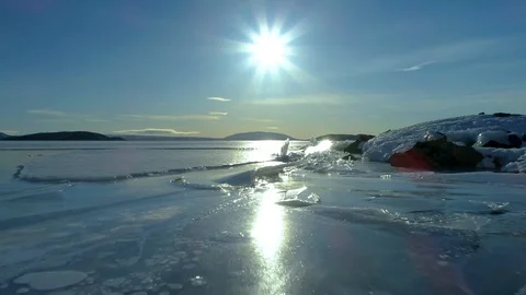 4k video flying low over ice formations on a frozen lake 3 Stock Footage 87062953