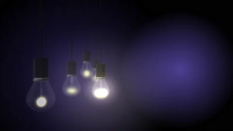 4k video of hanging light bulbs with glowing on light blue background. Stock Footage 143084262