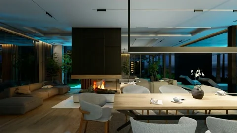 4K video of modern cozy interior with living, dining zone, stair in night Stock Footage 228686643