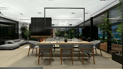 4K video of modern cozy interior with living, dining zone, stair and kitchen Stock Footage 229717090