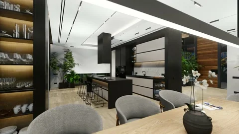 4K video of modern cozy interior with living, dining zone, stair and kitchen Stock Footage 230893591