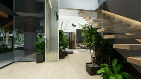 4K video of modern cozy interior with living, dining zone, stair and kitchen Video stock 236106541