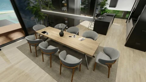 4K video of modern cozy interior with living, dining zone, stair and kitchen Video stock 237625488